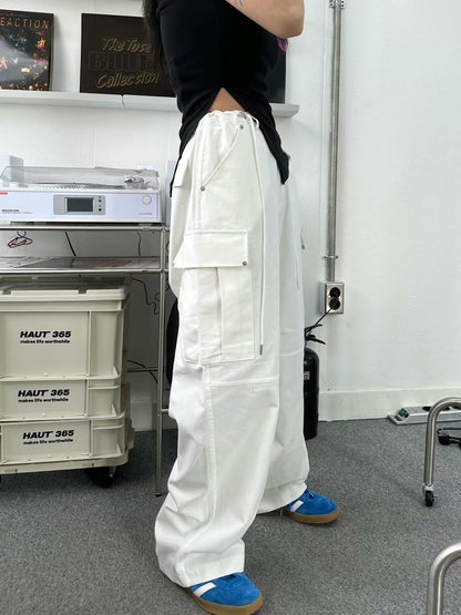 [ KR0101 ] UNISEX 透氣白色寬鬆工裝褲 Parachute Cargo Pants