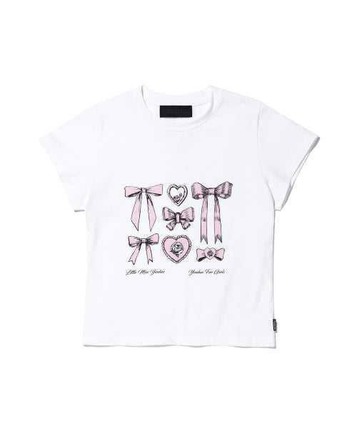 [ Pre-order ] YOUHEE Ribbon Graphic Crop T-shirts white