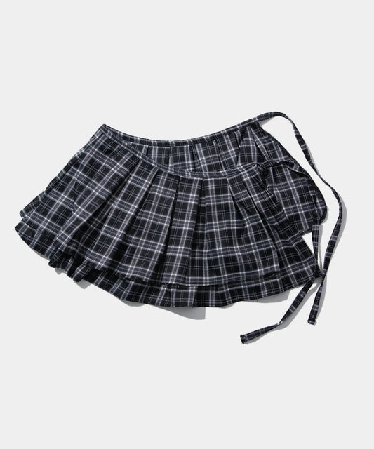 [ Pre-order ] Frill Check Layered Cotton Wrap Short Pleated Skirt