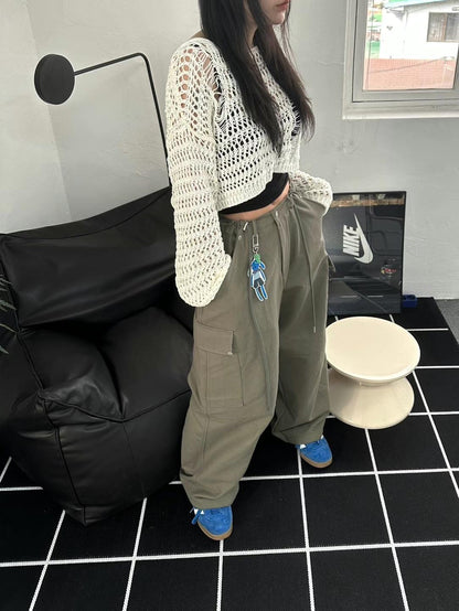 [ KR0101 ] UNISEX 透氣白色寬鬆工裝褲 Parachute Cargo Pants