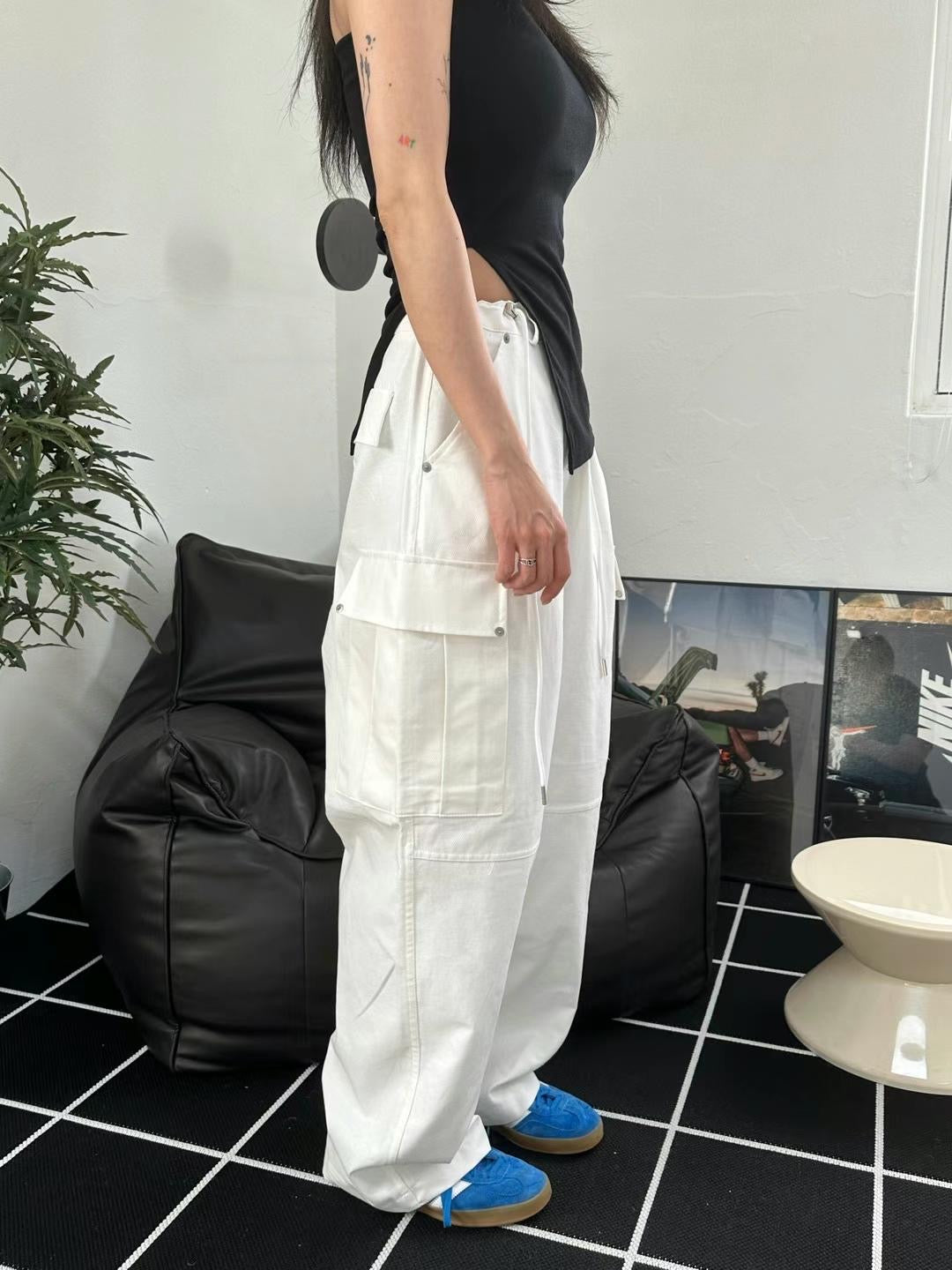 [ KR0101 ] UNISEX 透氣白色寬鬆工裝褲 Parachute Cargo Pants