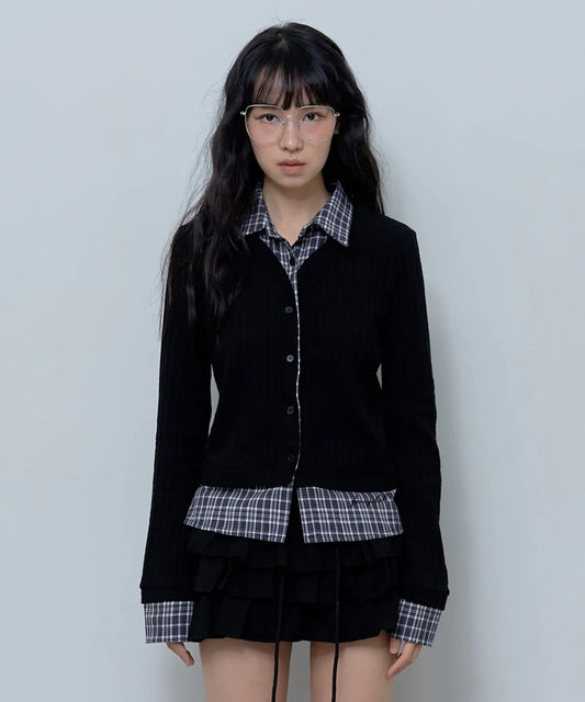 [ Pre-order ] Fancy Club Check Shirt Layered Cardigan - black