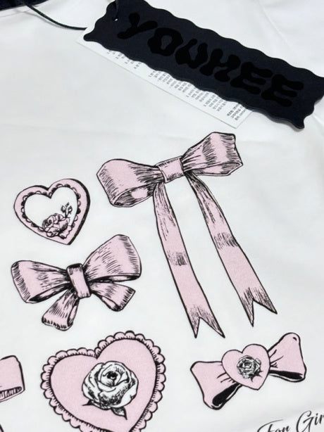 [ Pre-order ] YOUHEE Ribbon Graphic Crop T-shirts white