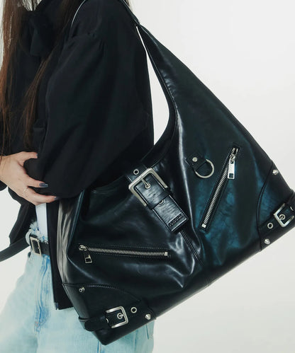 [ Pre-order ] Not Knowing Black Moto Hobo Bag ( leather )