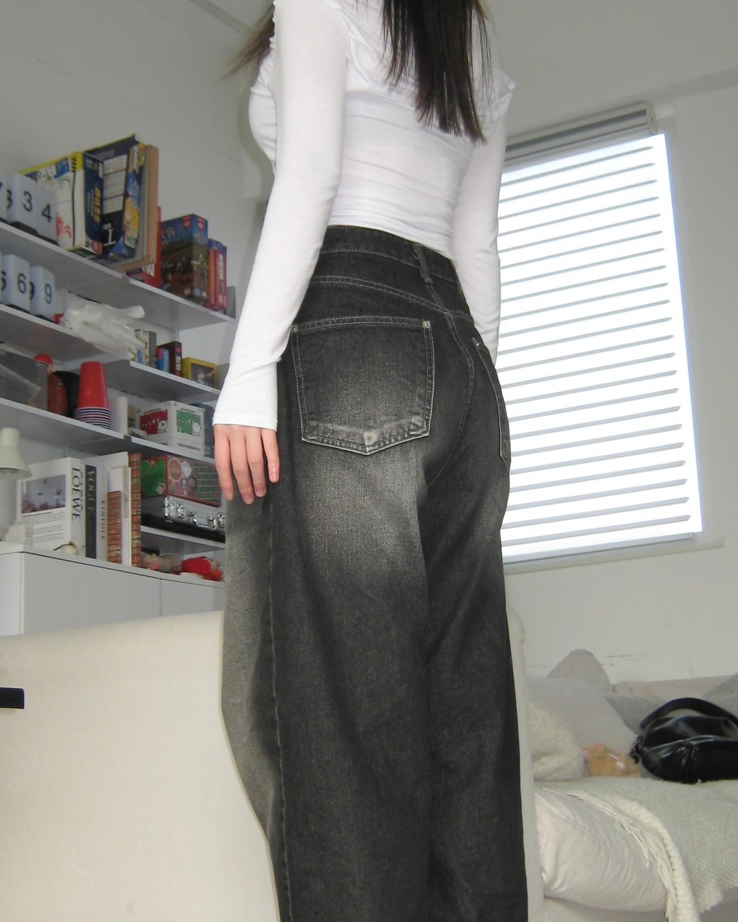 [ KR0474 ] 黑色復古寬鬆洗水長褲 Vintage Washed Wide Pants